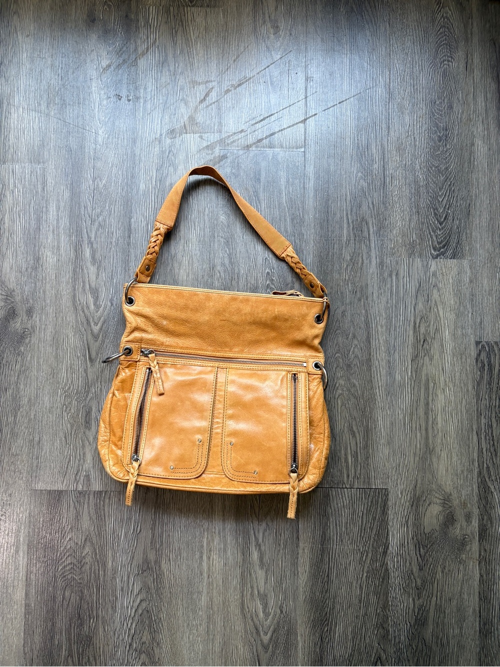 The Sak Tan Leather Shoulder Bag with Braided Strap